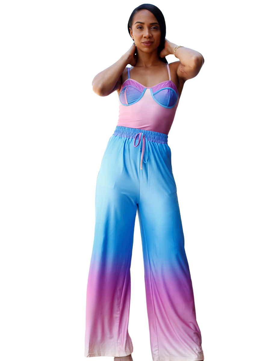 Pink and Turquoise Sunset Lounge Wear Set with Cami & Wide Leg Pant