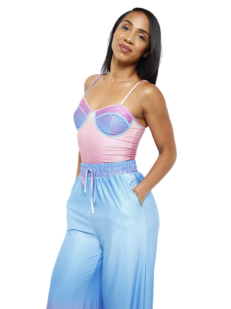 Pink and Turquoise Sunset Lounge Wear Set with Cami & Wide Leg Pant