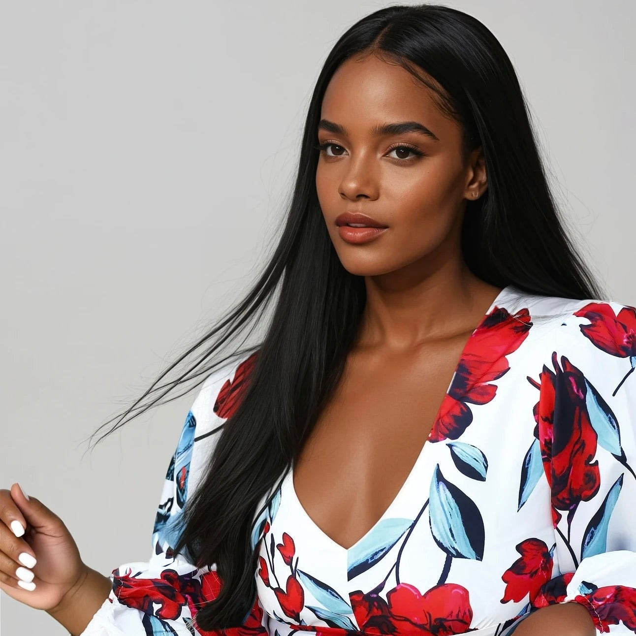 Red Floral Puff Sleeve Blouse with Short Set & Belt