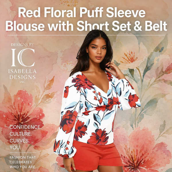 Red Floral Puff Sleeve Blouse and Short Set