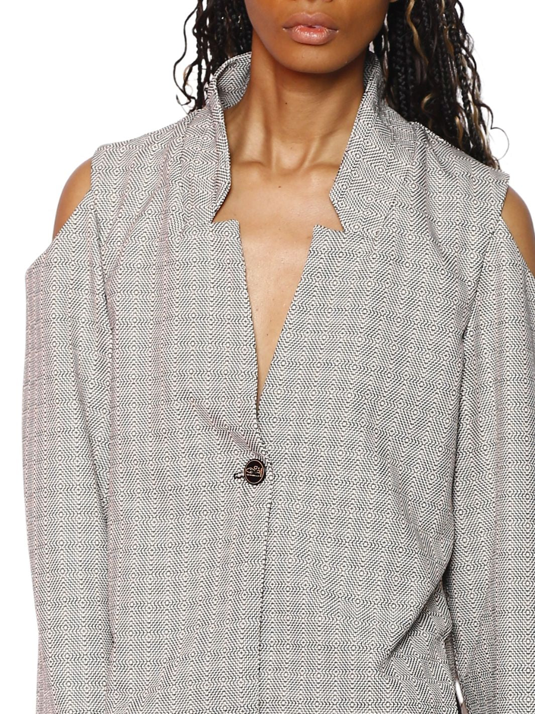 Beige One Button Cold Shoulder Jacket