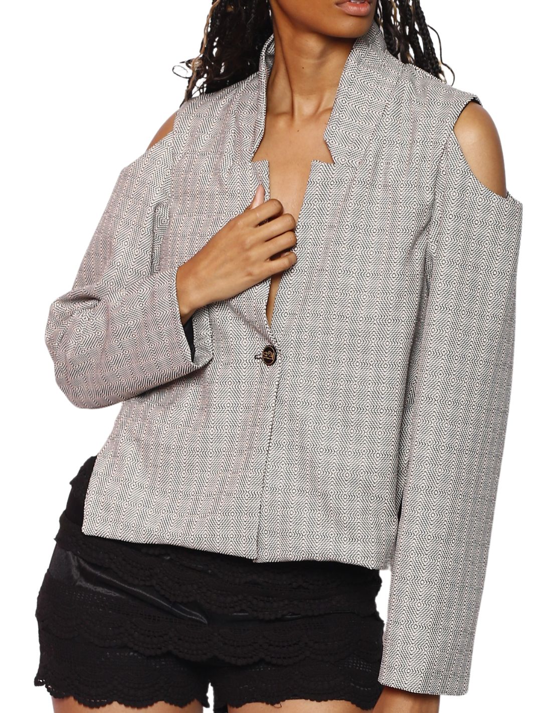 Beige One Button Cold Shoulder Jacket