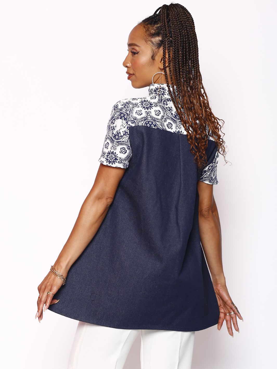 Denim Mix Short Sleeve Mock Neck Collard Cape Blouse