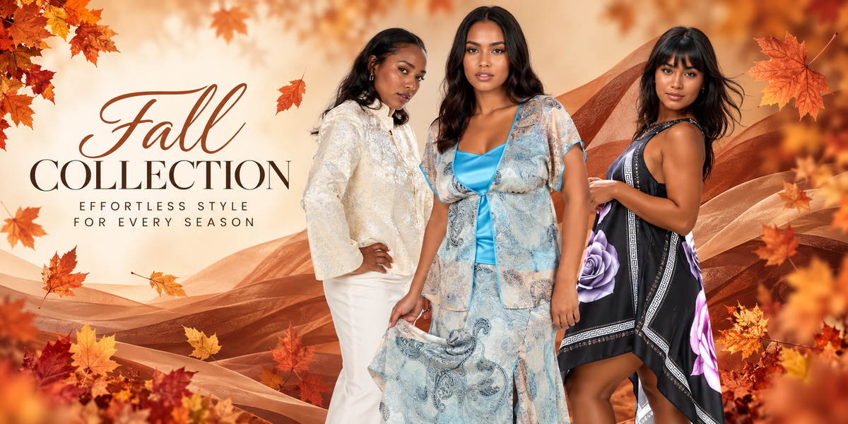 3 models wearing fall clothes on a background of orange browns and leaves