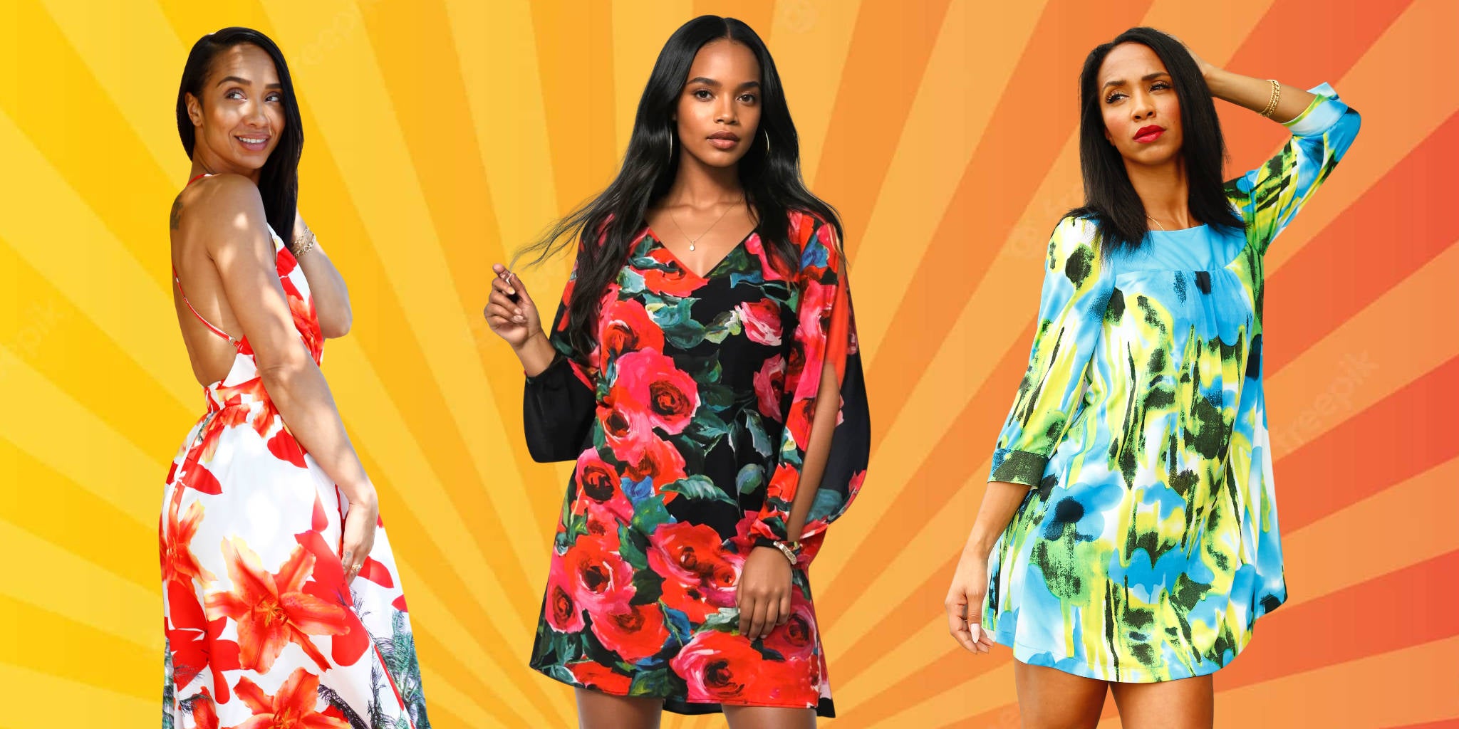 Three women wearing colorful dresses on a vibrant orange and yellow background