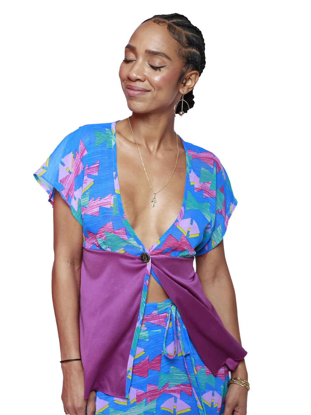 Lilac Butterfly Button Tie Top