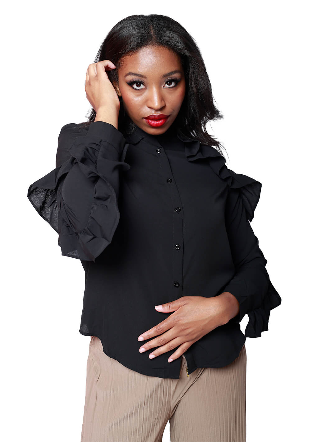 Long Sleeve Button Ruffled Blouse
