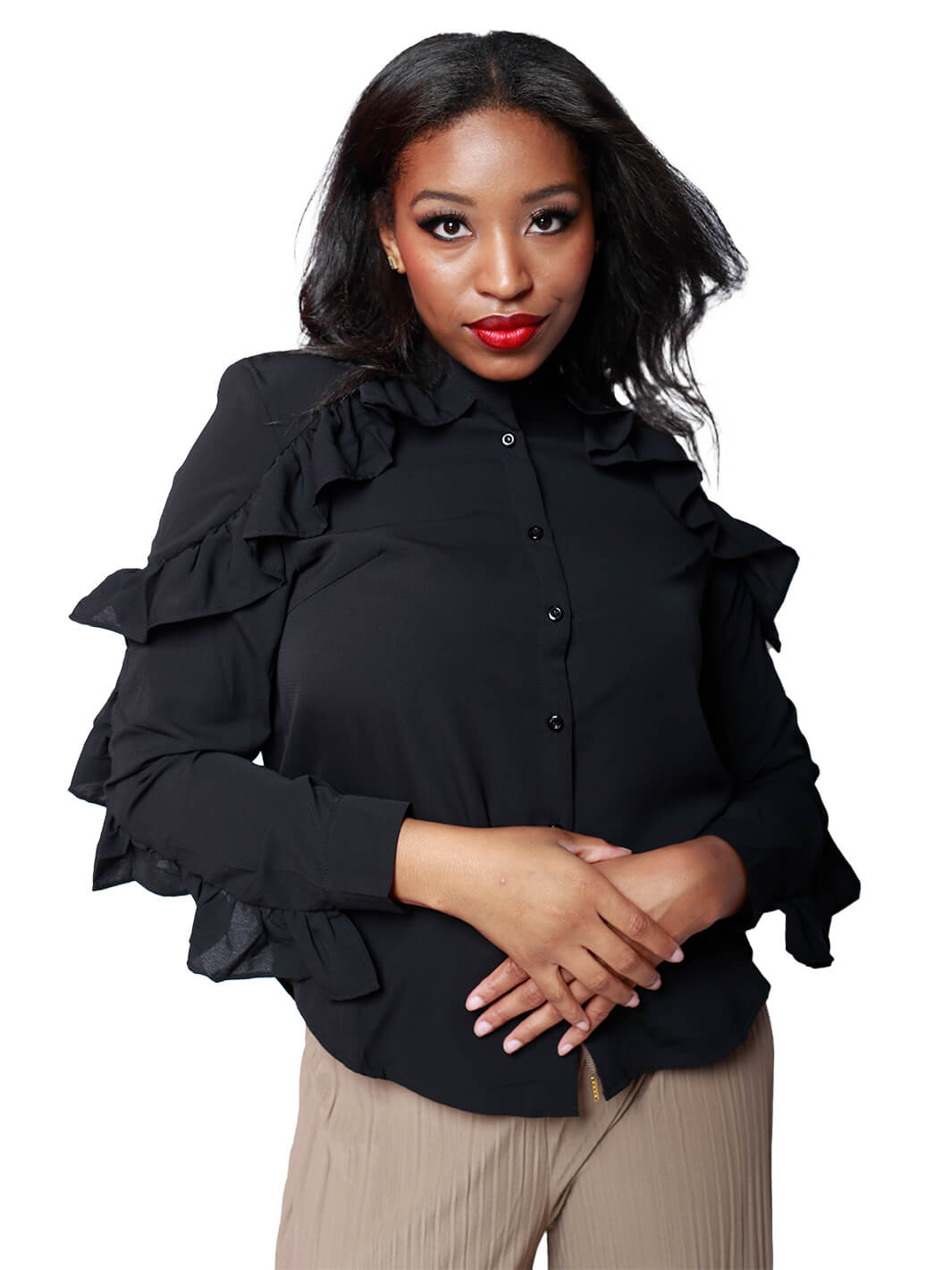 Long Sleeve Button Ruffled Blouse
