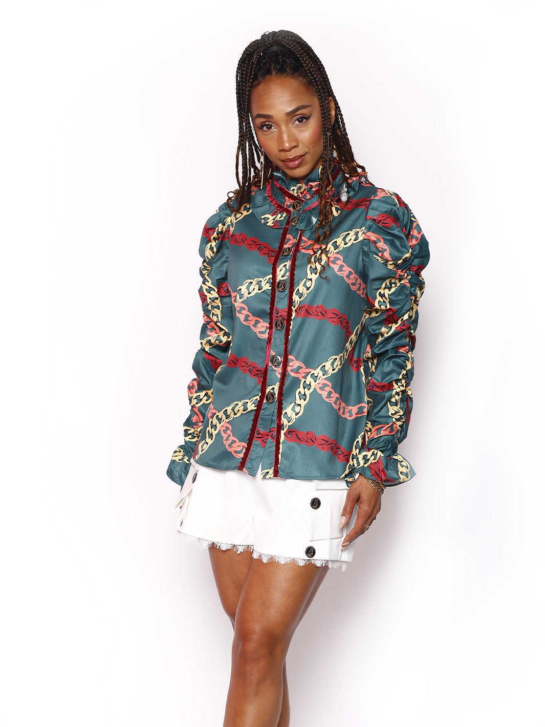 Long Sleeve Green Ruffled Blouse