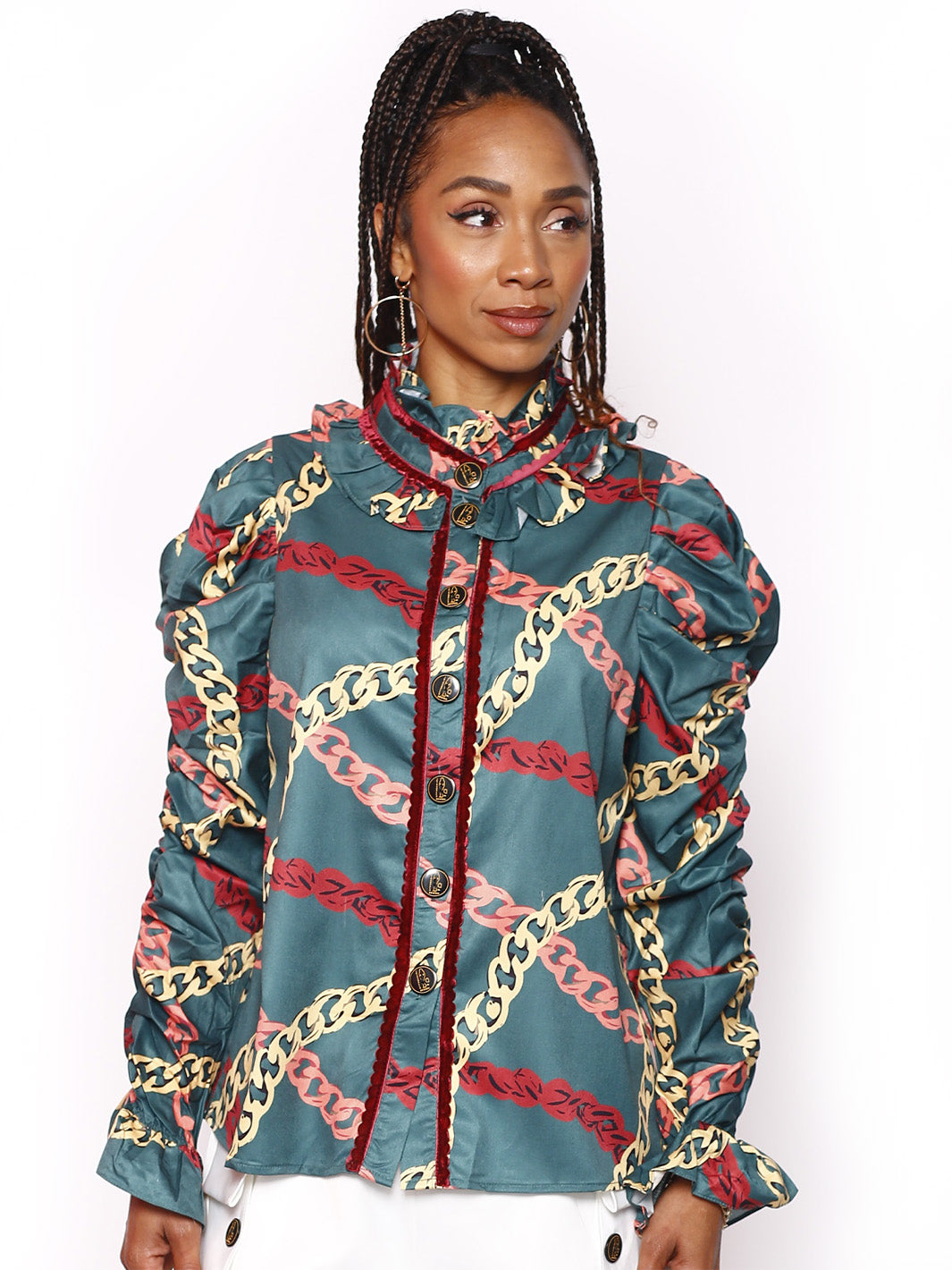 Long Sleeve Green Ruffled Blouse