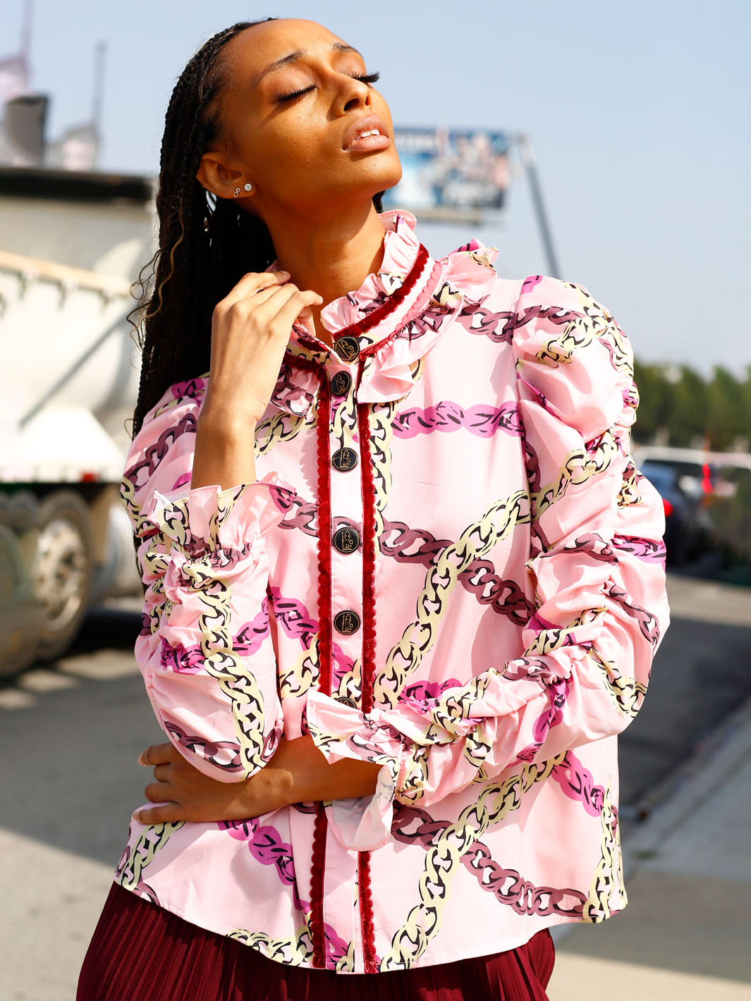 Long Sleeve Pink Ruffled Blouse