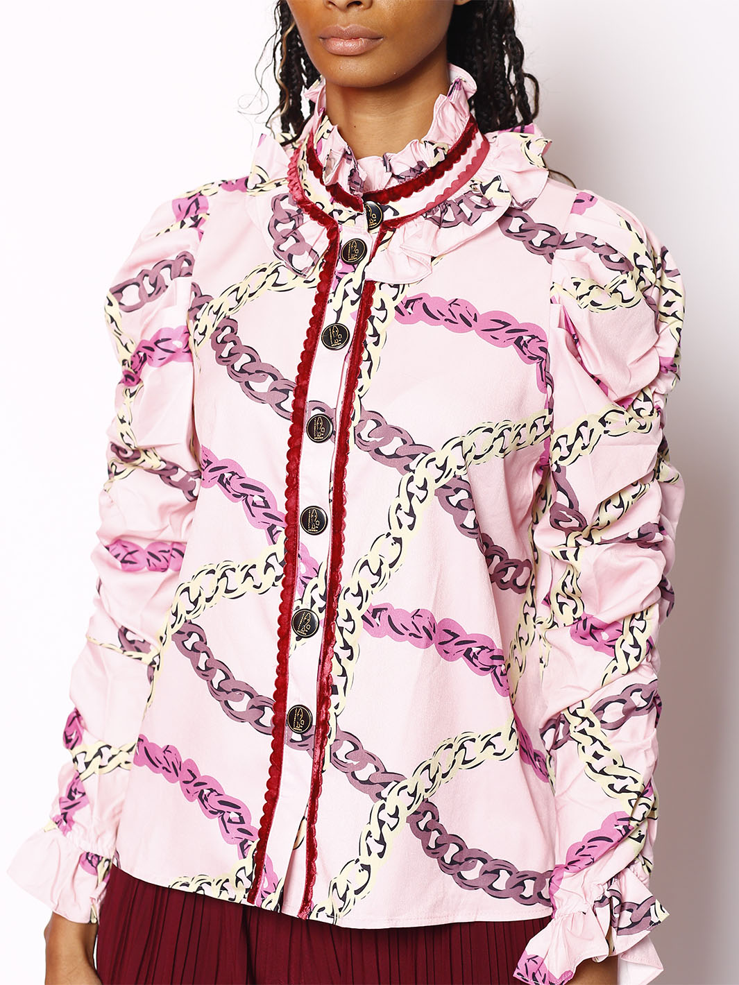 Long Sleeve Pink Ruffled Blouse