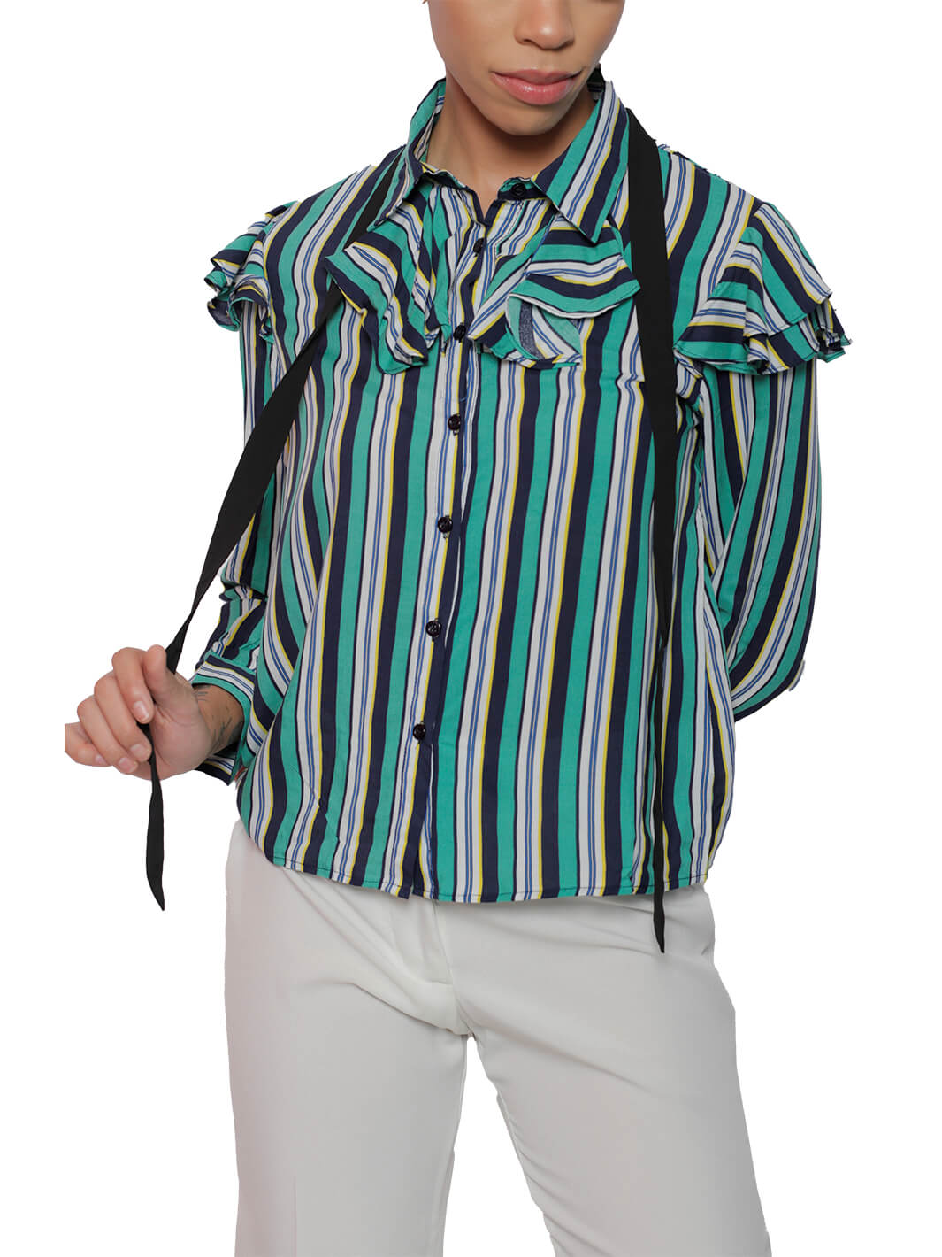 Long Sleeve Ruffle Collar Stripe Blouse