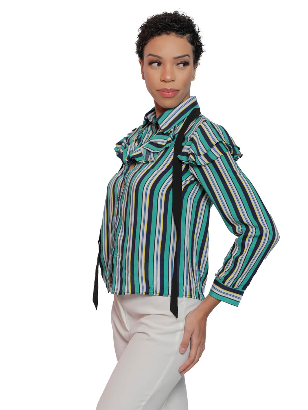 Long Sleeve Ruffle Collar Stripe Blouse