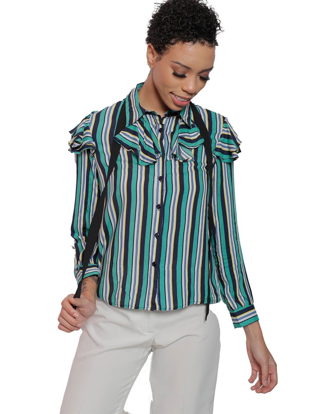 Long Sleeve Ruffle Collar Stripe Blouse