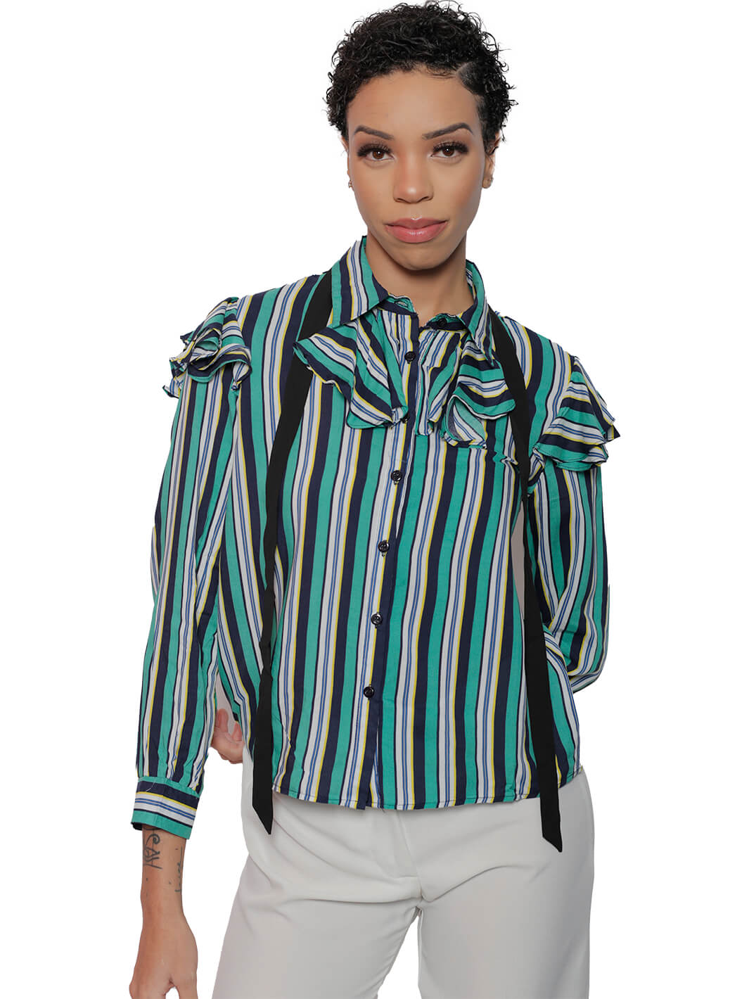 Long Sleeve Ruffle Collar Stripe Blouse