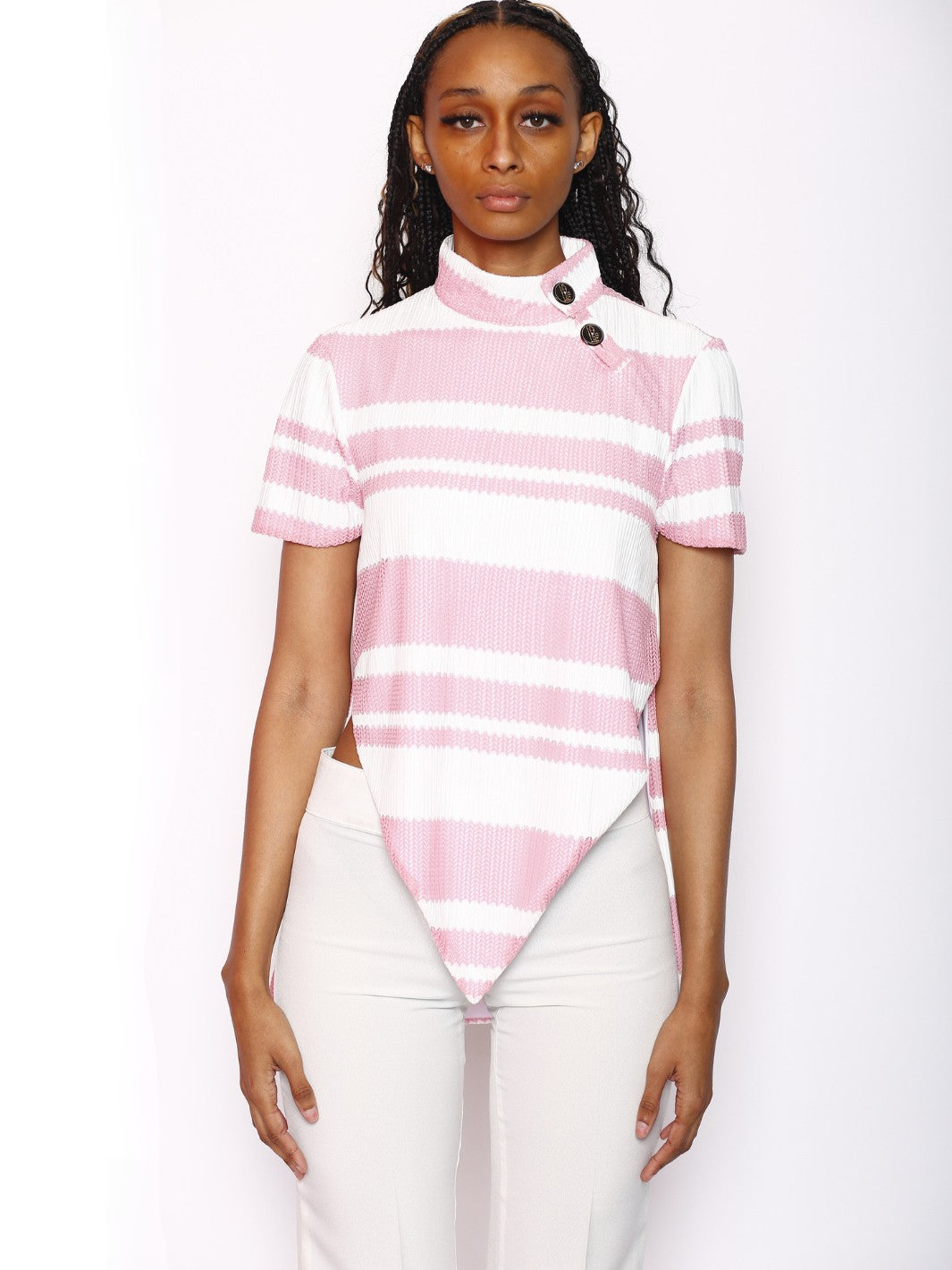 Pink Mix Short Sleeve Mock Neck Collard Cape Blouse