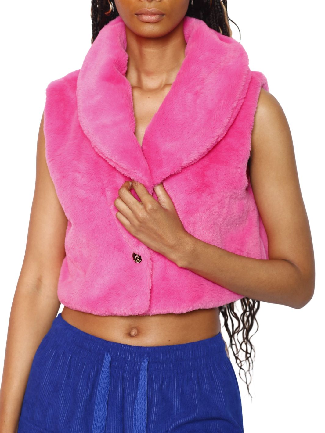 Pink Sleeveless Faux Fur One Button Vest