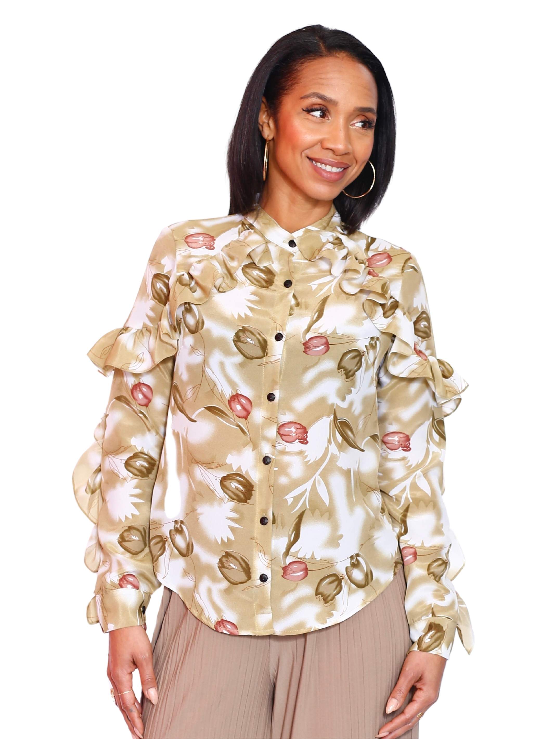 Long Sleeve Button Ruffled Blouse - Beige