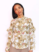 Long Sleeve Button Ruffled Blouse - Beige