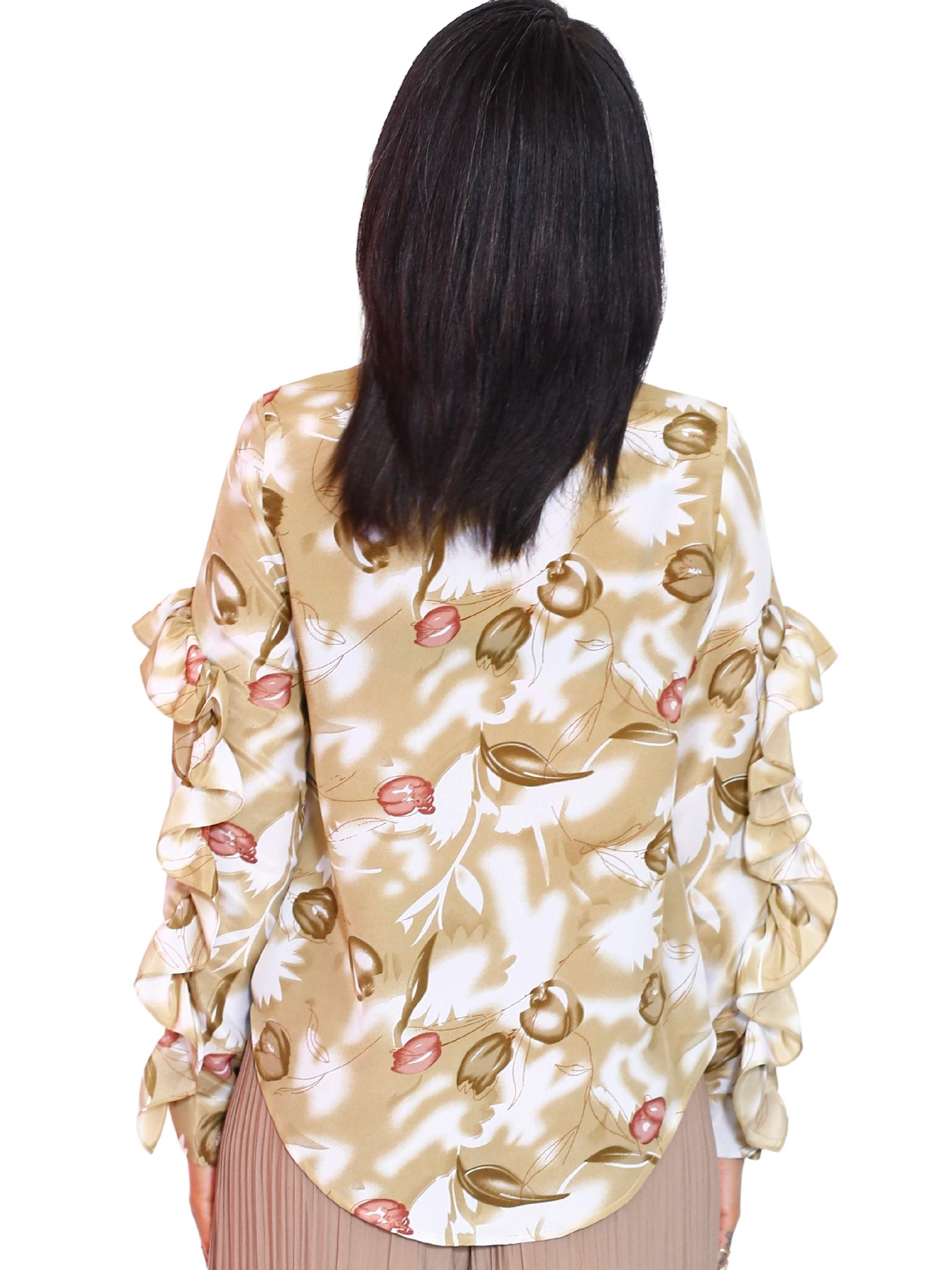 Long Sleeve Button Ruffled Blouse - Beige