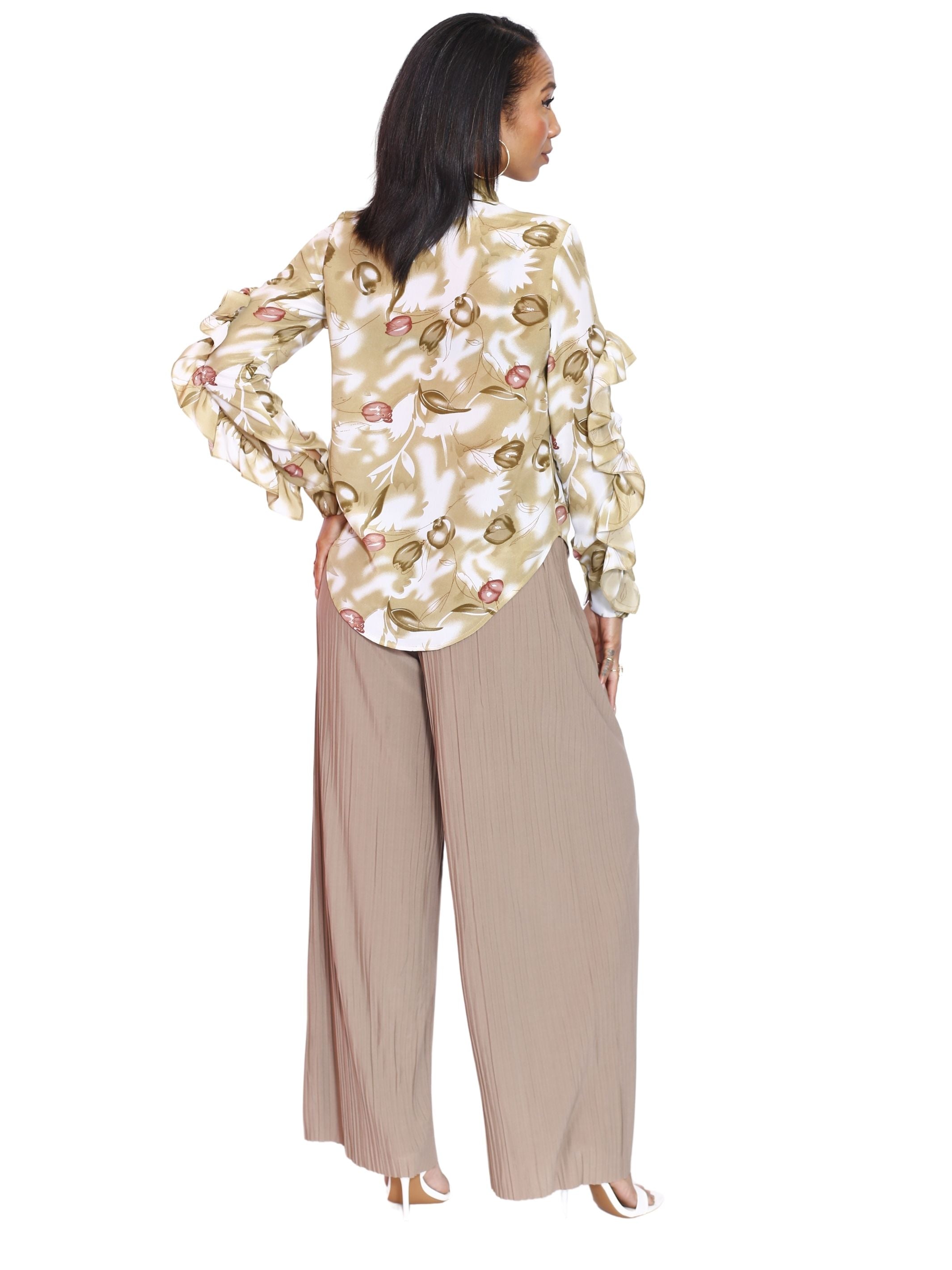 Long Sleeve Button Ruffled Blouse - Beige