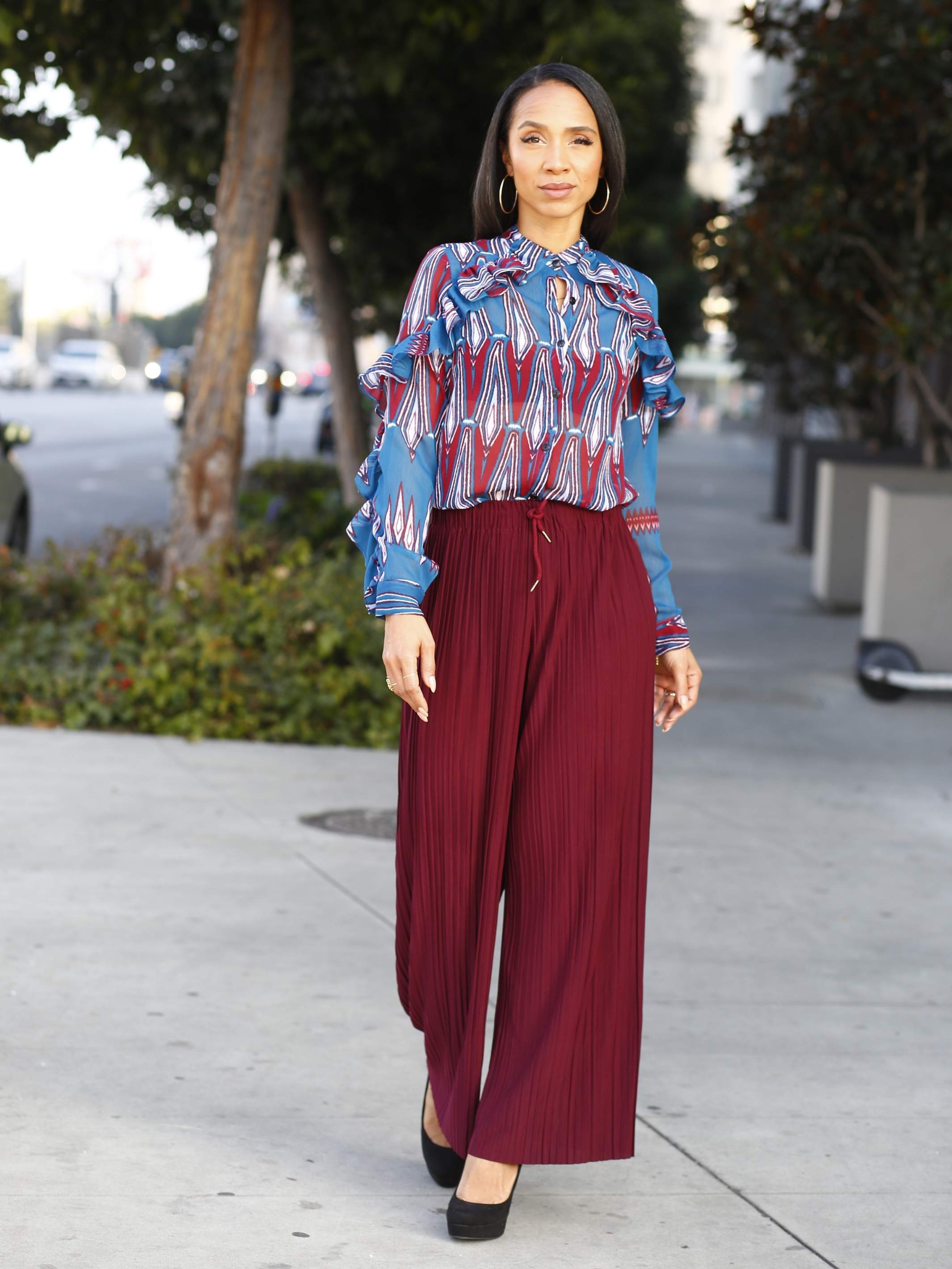 Long Sleeve Button Ruffled Blouse - Dusky Cabernet