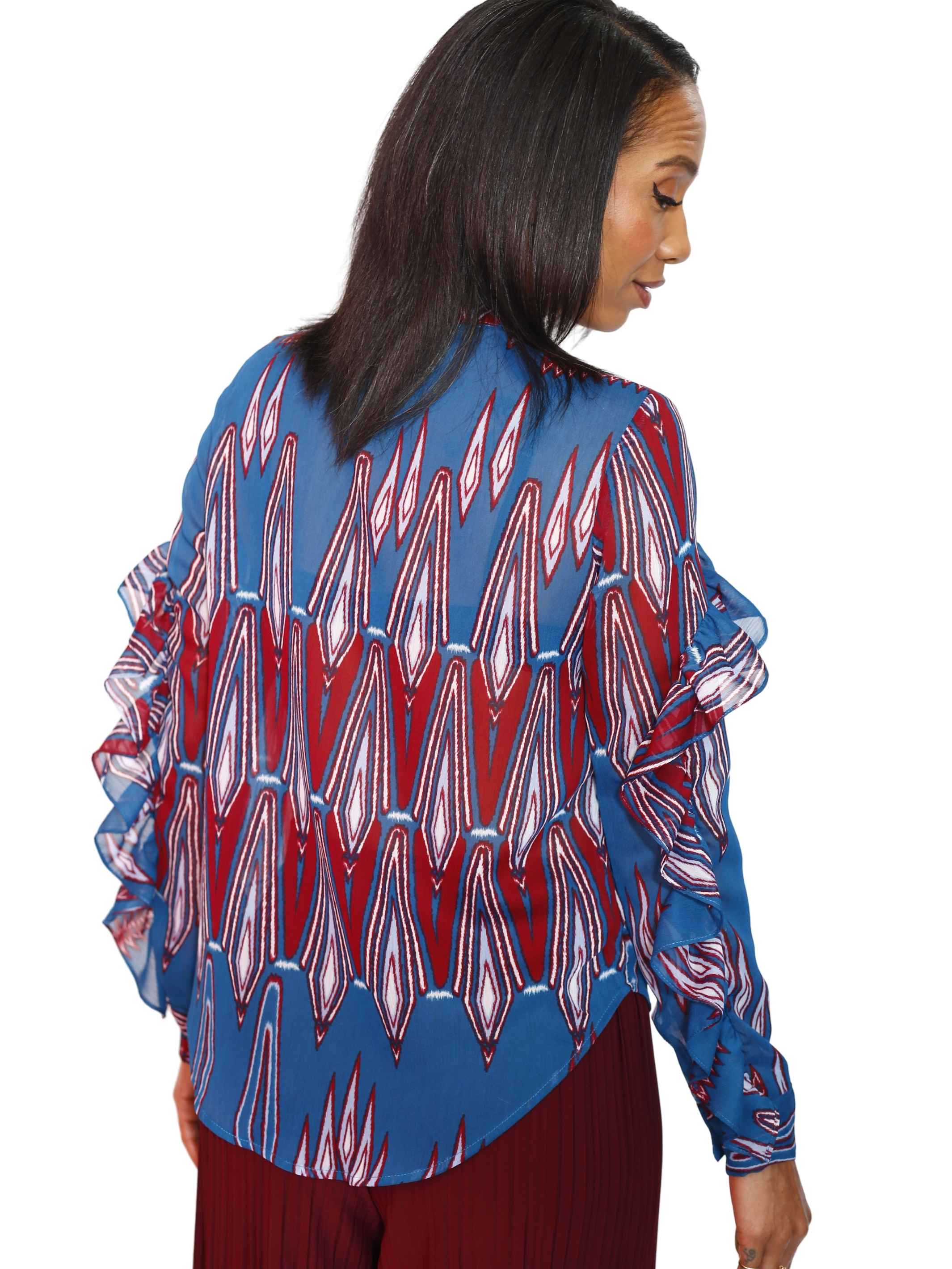 Long Sleeve Button Ruffled Blouse - Dusky Cabernet