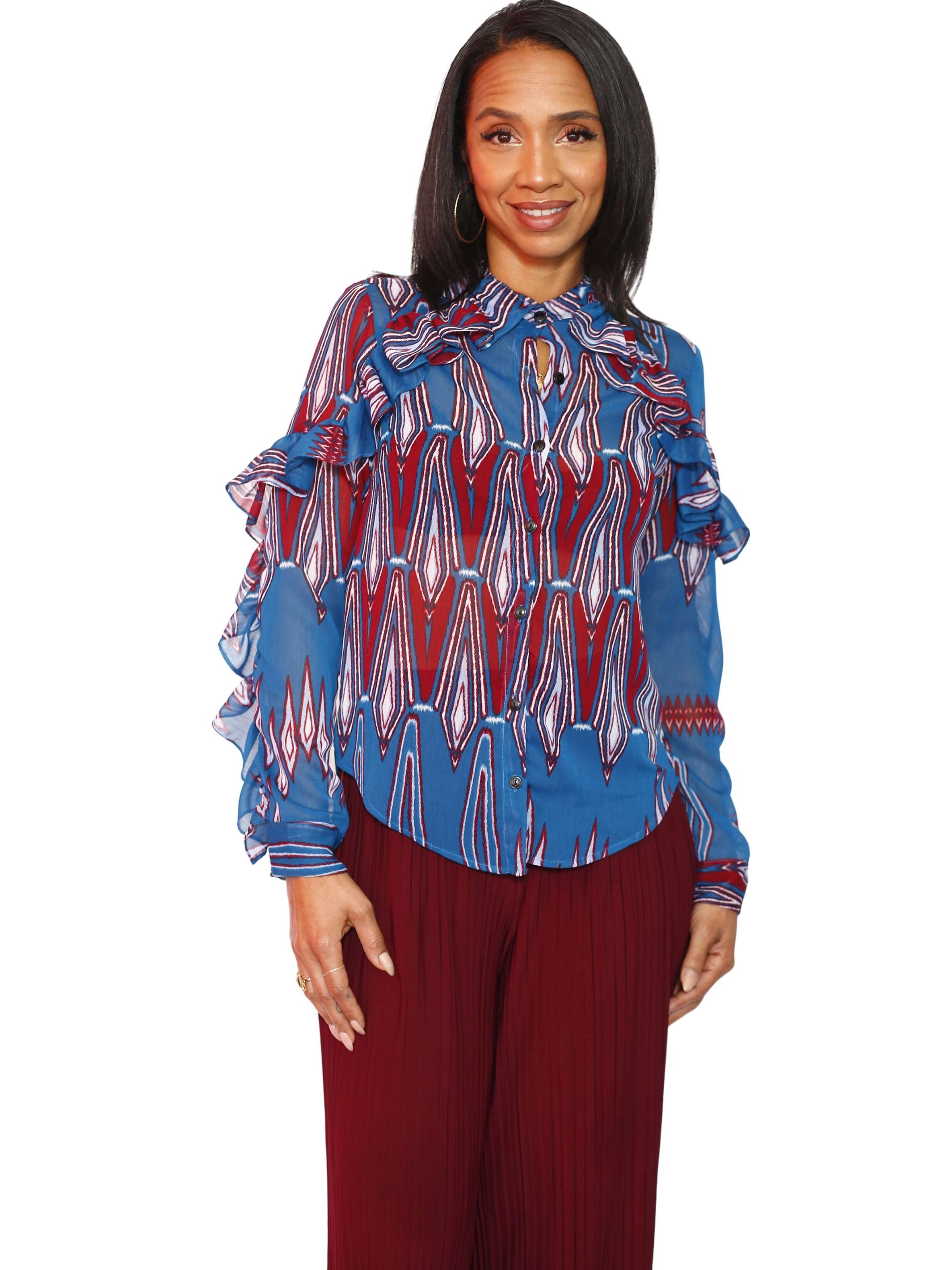 Long Sleeve Button Ruffled Blouse - Dusky Cabernet