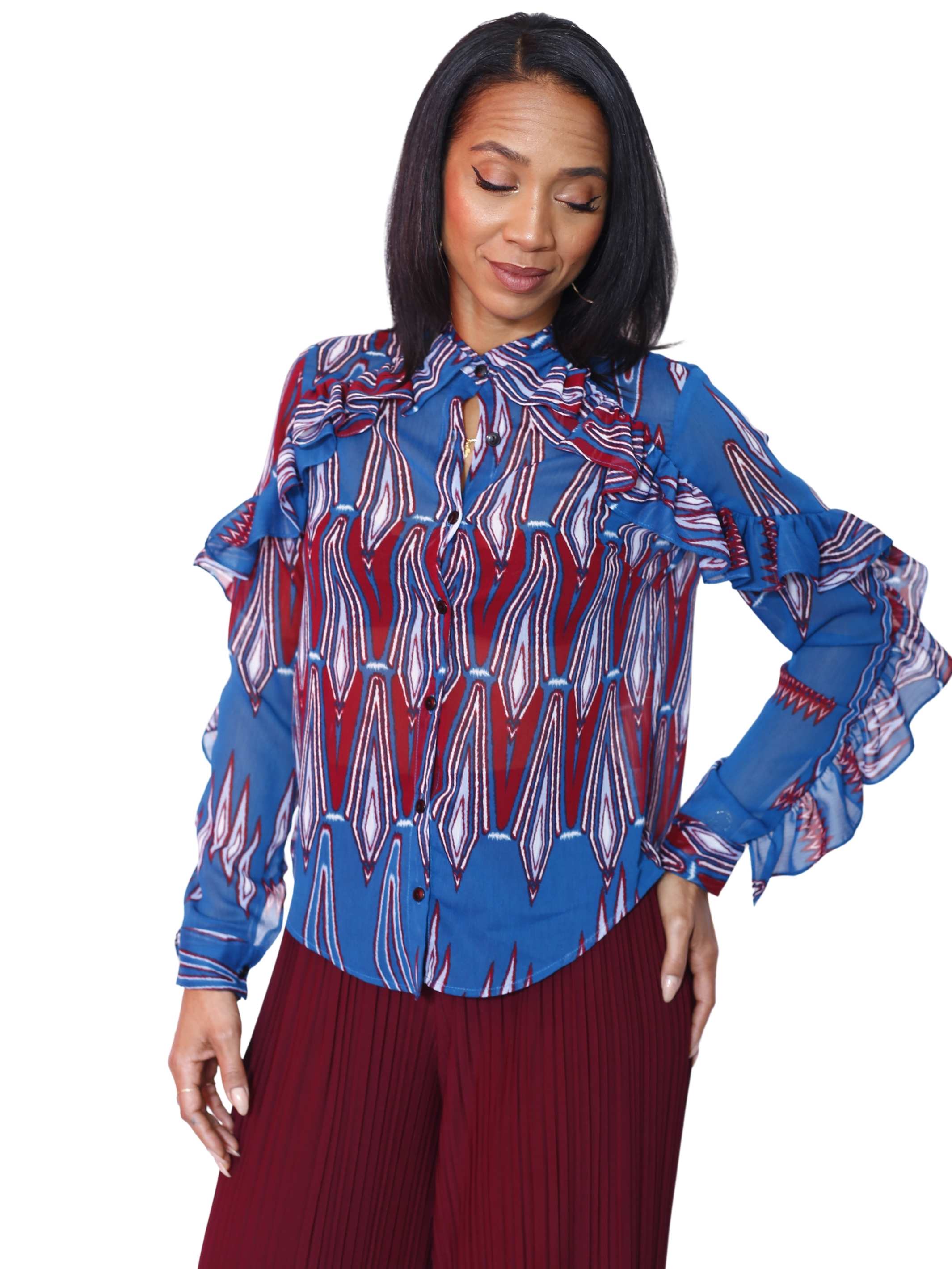 Long Sleeve Button Ruffled Blouse - Dusky Cabernet