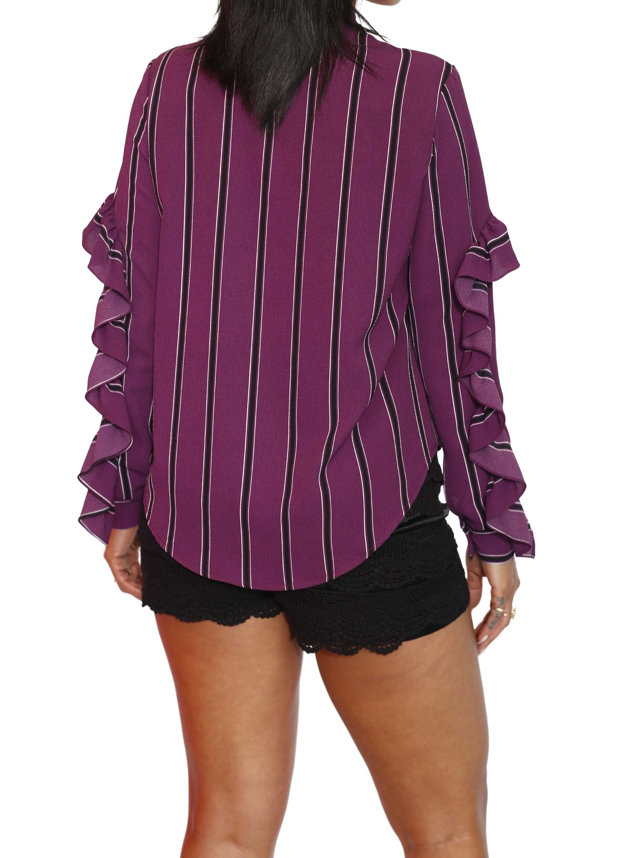 Long Sleeve Button Ruffled Blouse - Wine