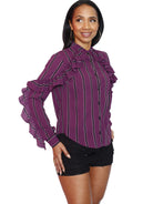Long Sleeve Button Ruffled Blouse - Wine
