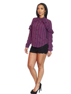 Long Sleeve Button Ruffled Blouse - Wine