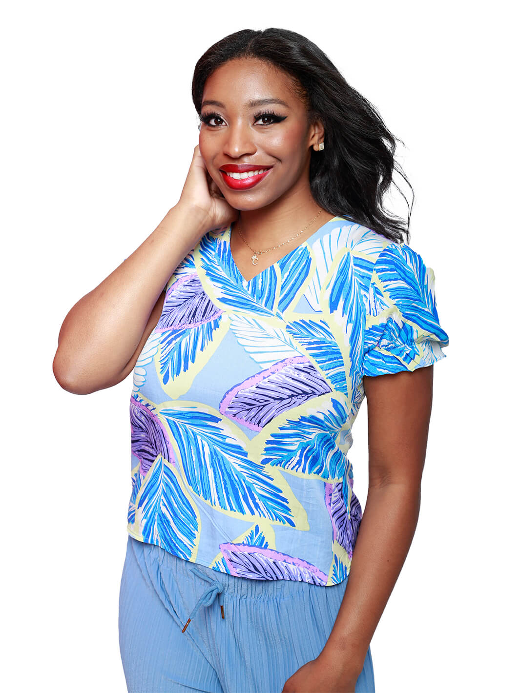 Short Sleeve Paisley V-Neck Top