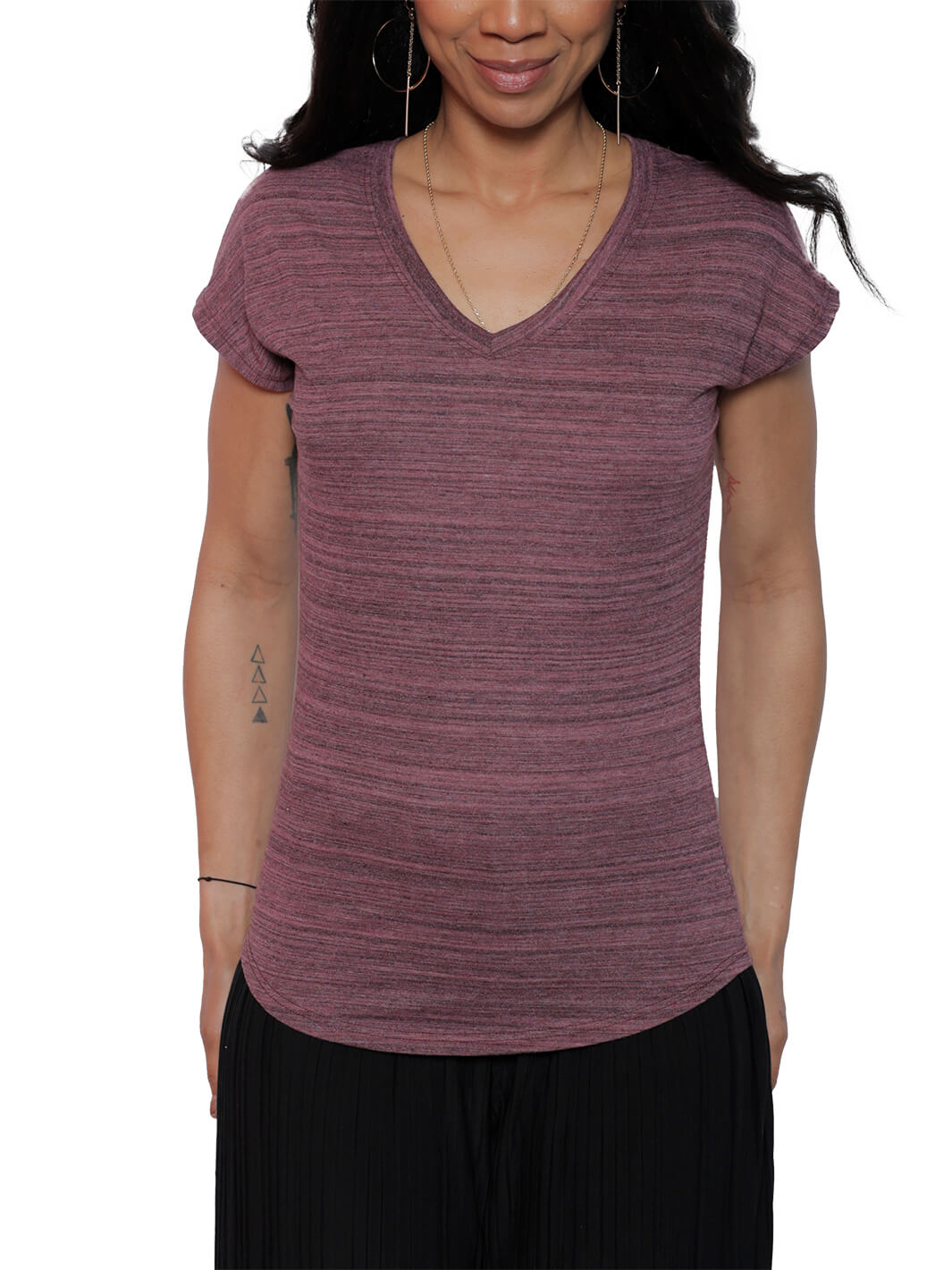 Short Sleeve Stripe Crimson V-Neck Top