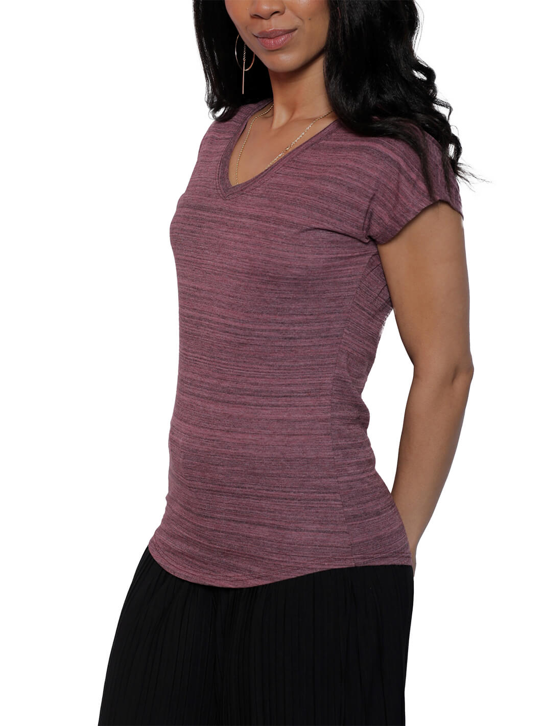 Short Sleeve Stripe Crimson V-Neck Top
