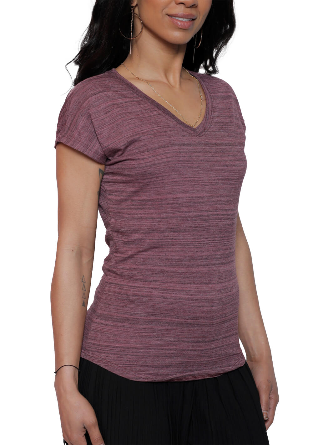 Short Sleeve Stripe Crimson V-Neck Top