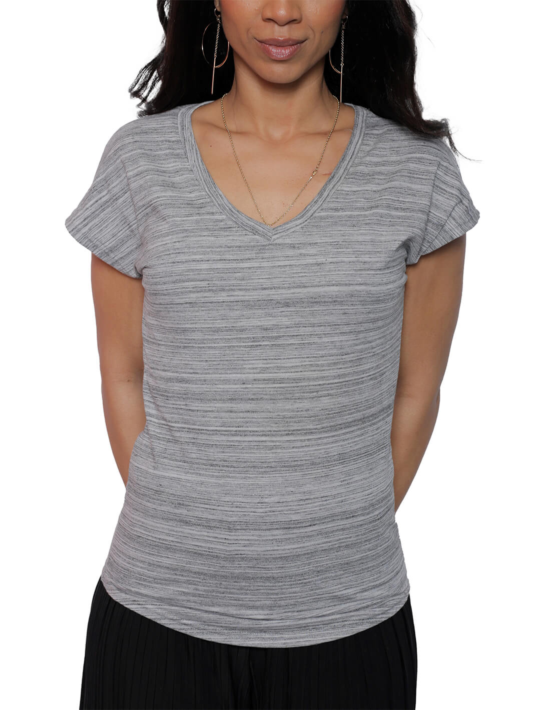 Short Sleeve Stripe Grey V-Neck Top