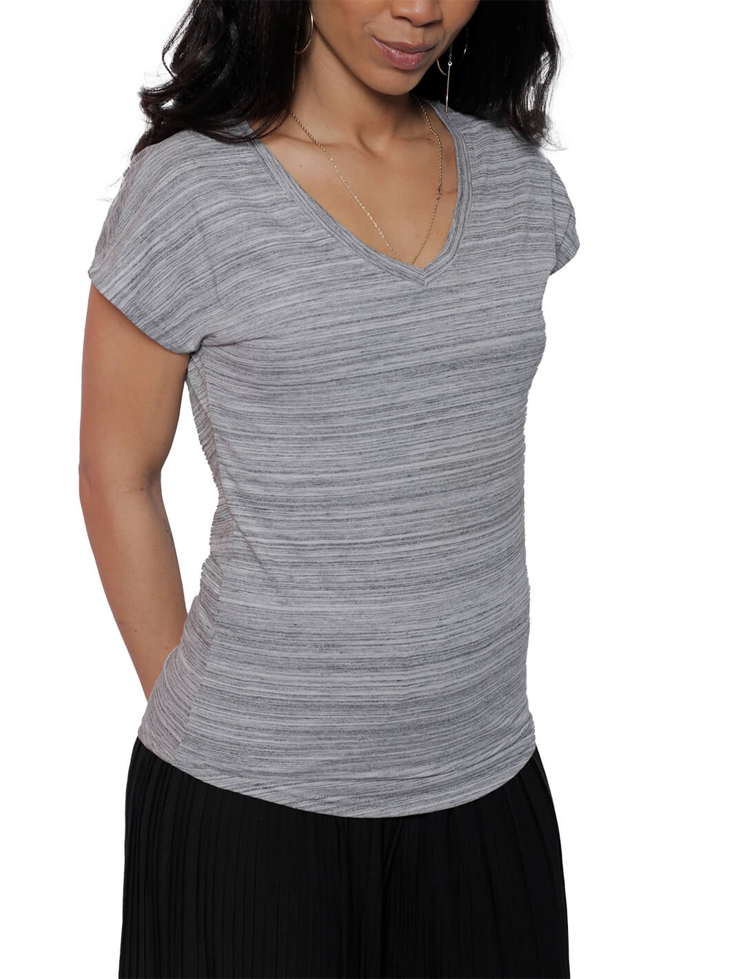 Short Sleeve Stripe Grey V-Neck Top