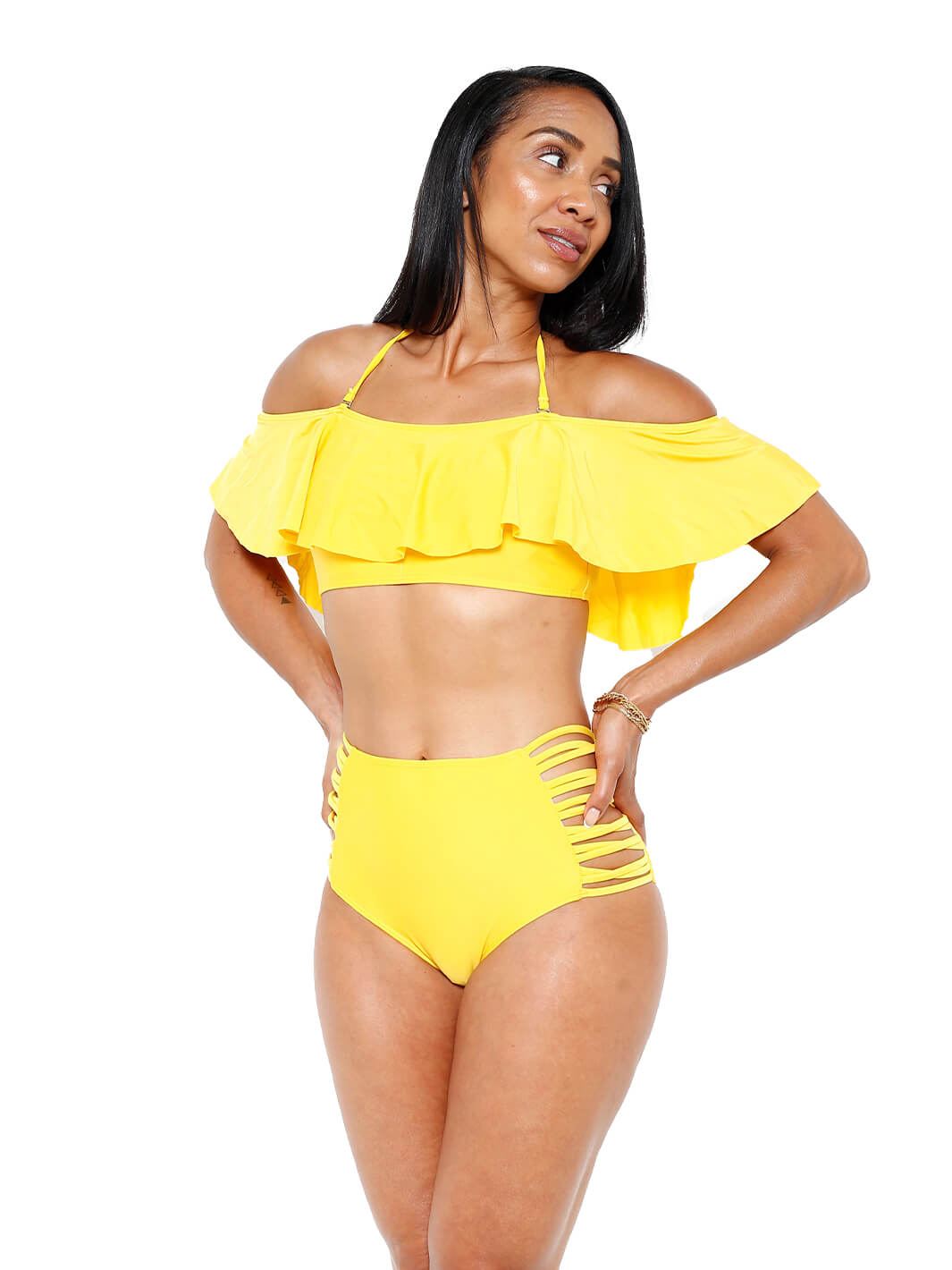 Yellow Ruffle Bikini Top with High Waist Bottoms S