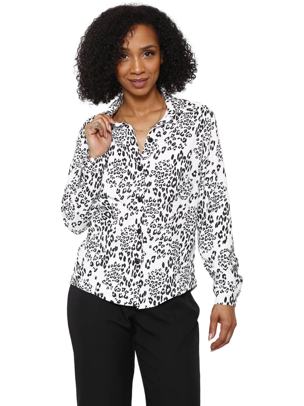 Long Sleeve Black White Print Blouse