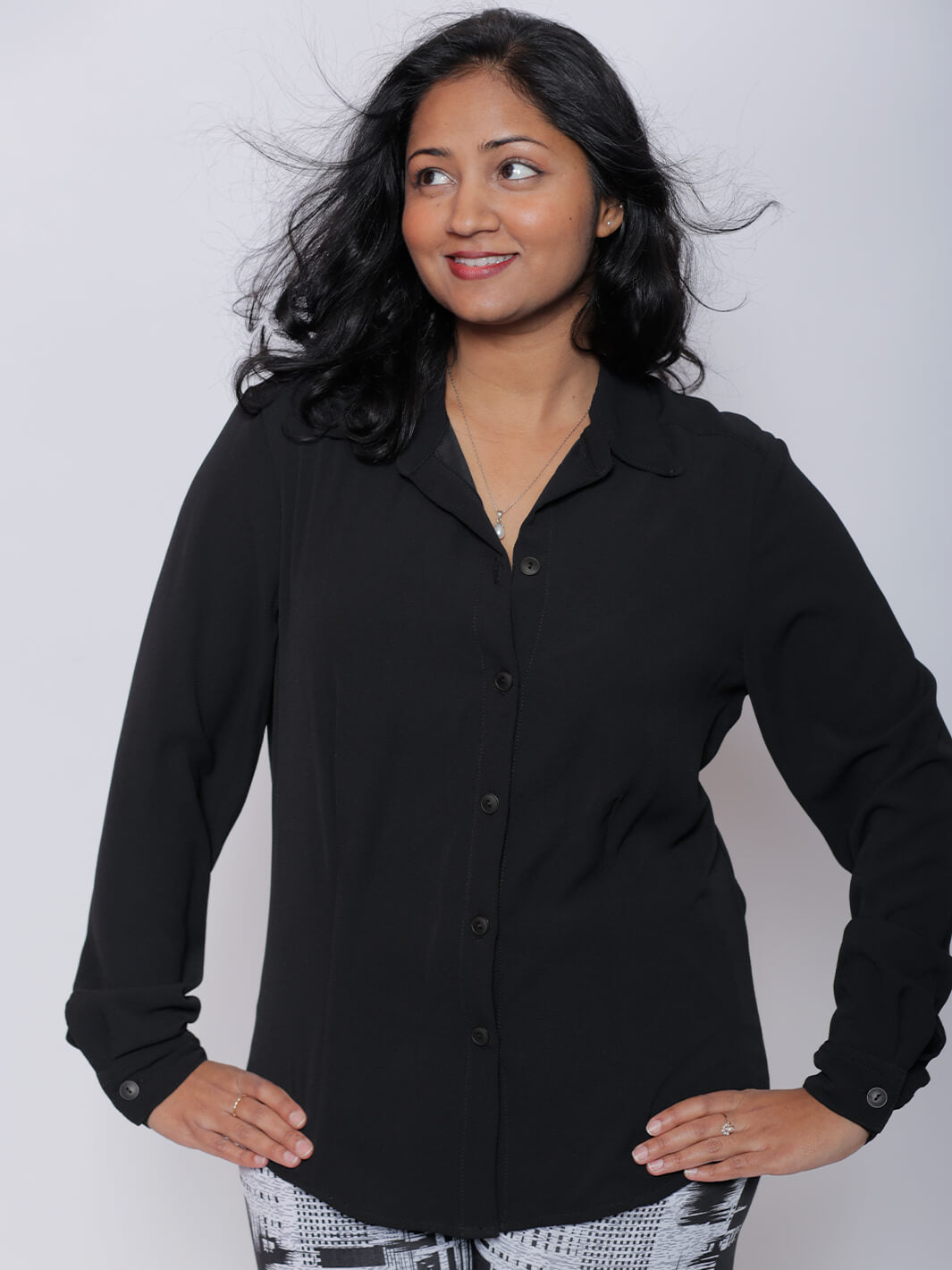 Long Sleeve Soft Button Blouse - Black