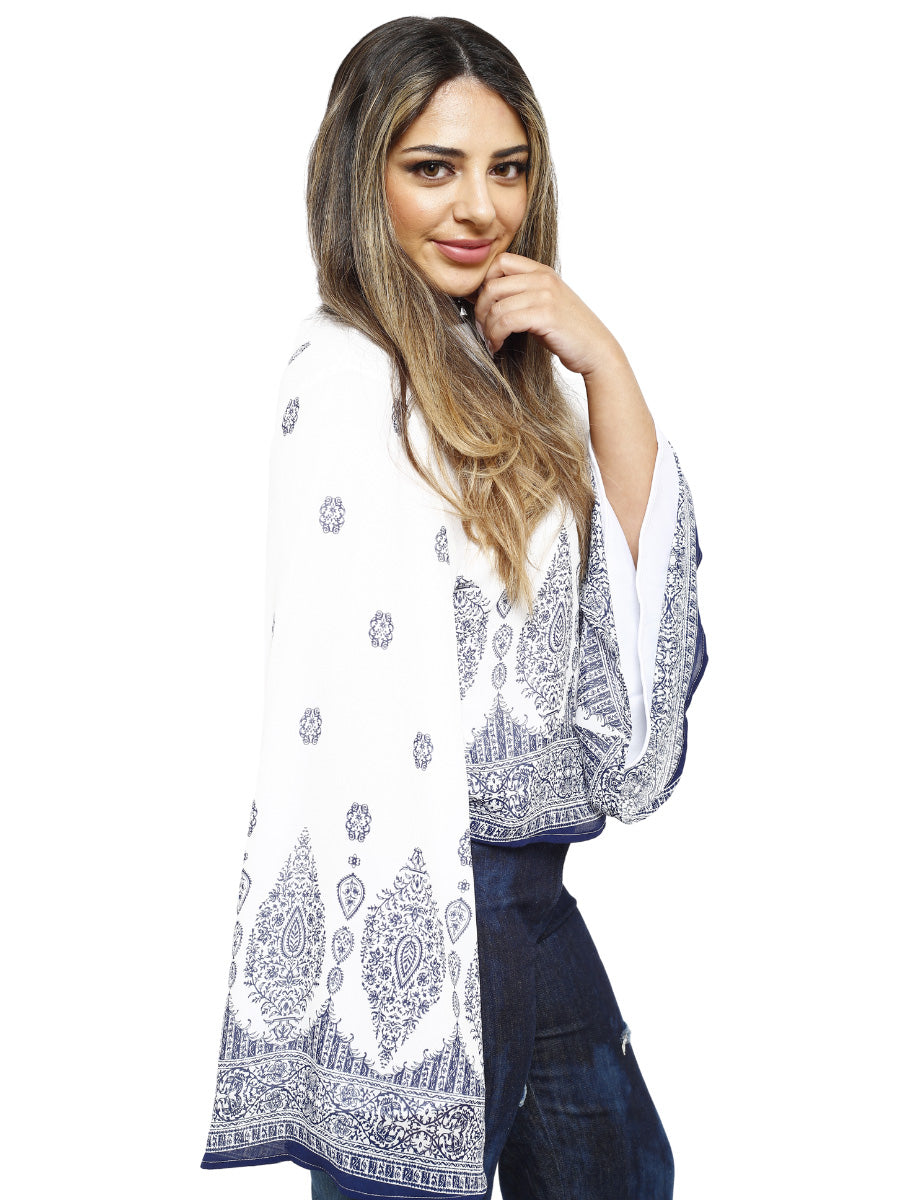 White/Navy Flare Sleeve Blouse