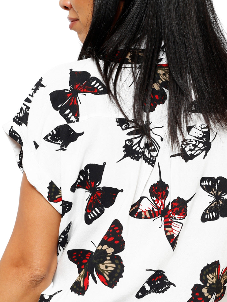 S/S Butterfly Print Tie Front Button Top