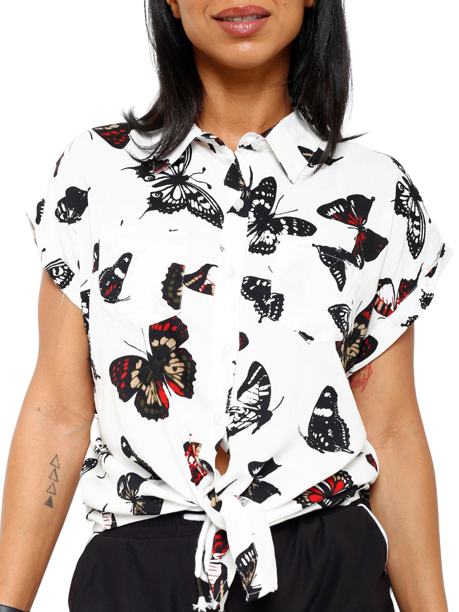 S/S Butterfly Print Tie Front Button Top
