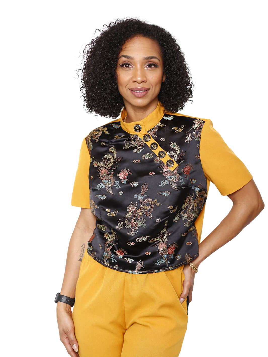 Chinese Brocade 5-Button Mock Neck Top