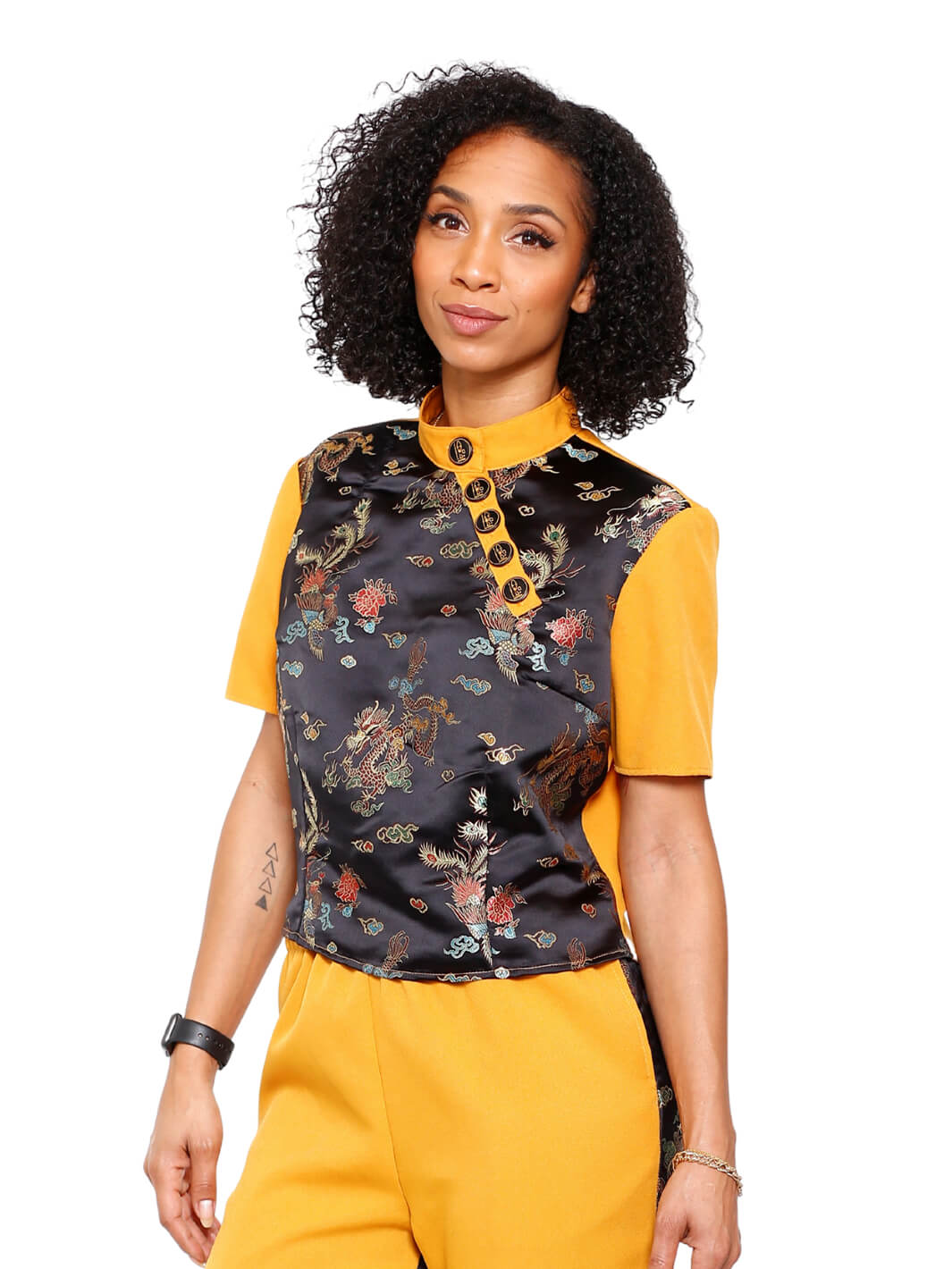 Chinese Brocade 5-Button Mock Neck Top