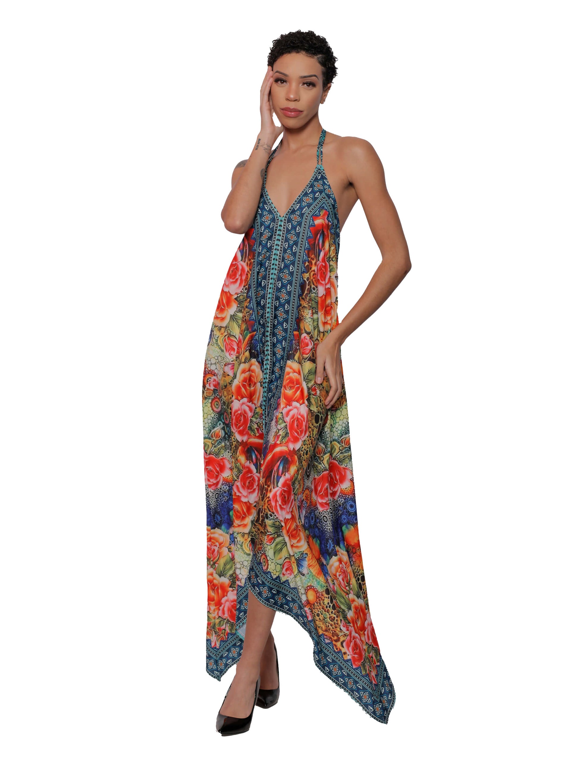 Floral Print Halter Backless Dress XL