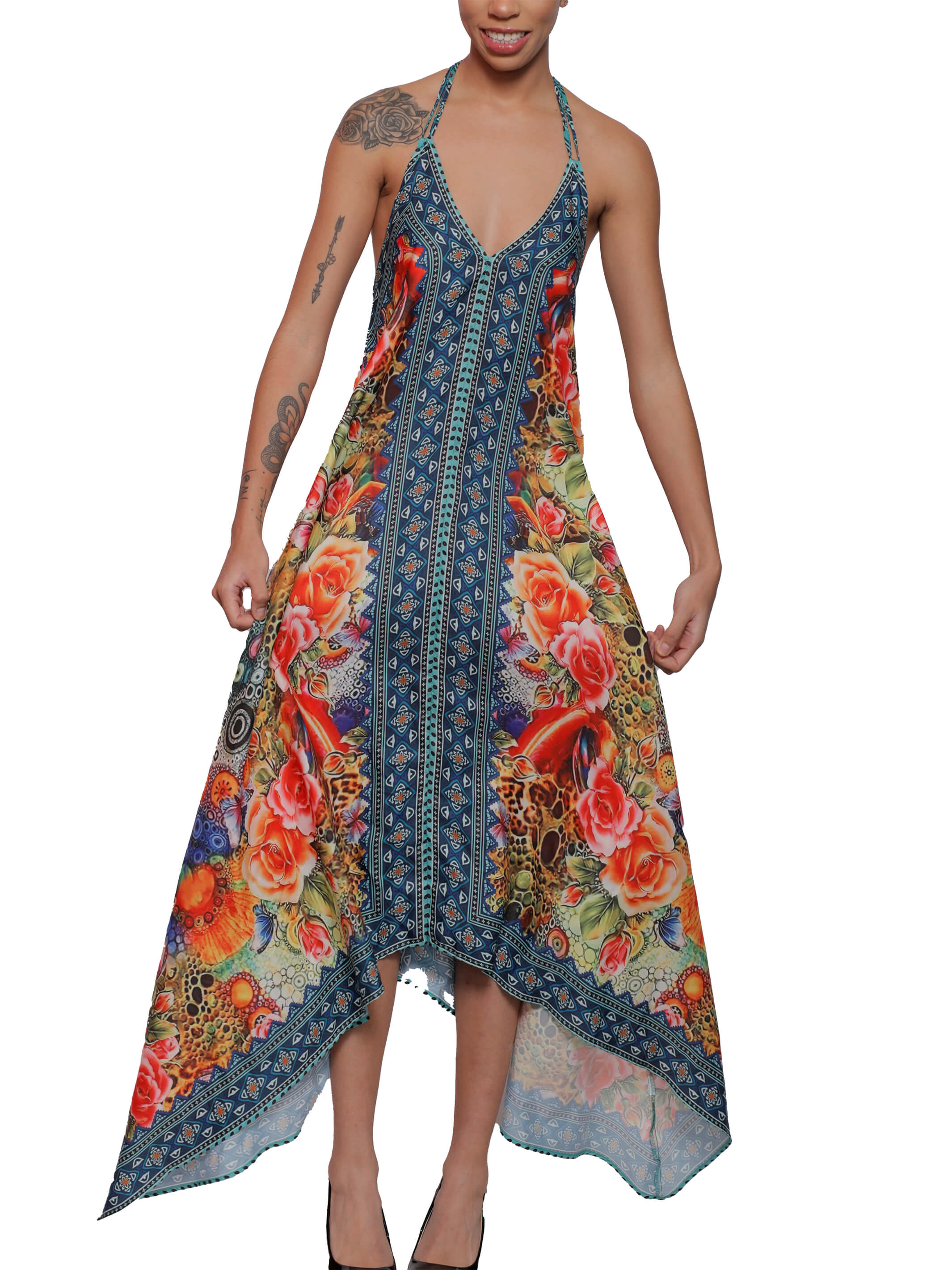 Floral Print Halter Backless Dress