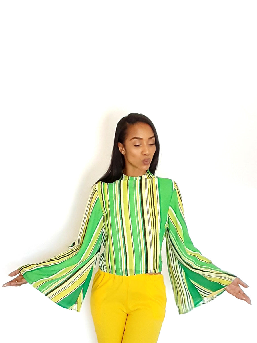 Stripe Green/Yellow Flare Sleeve Blouse